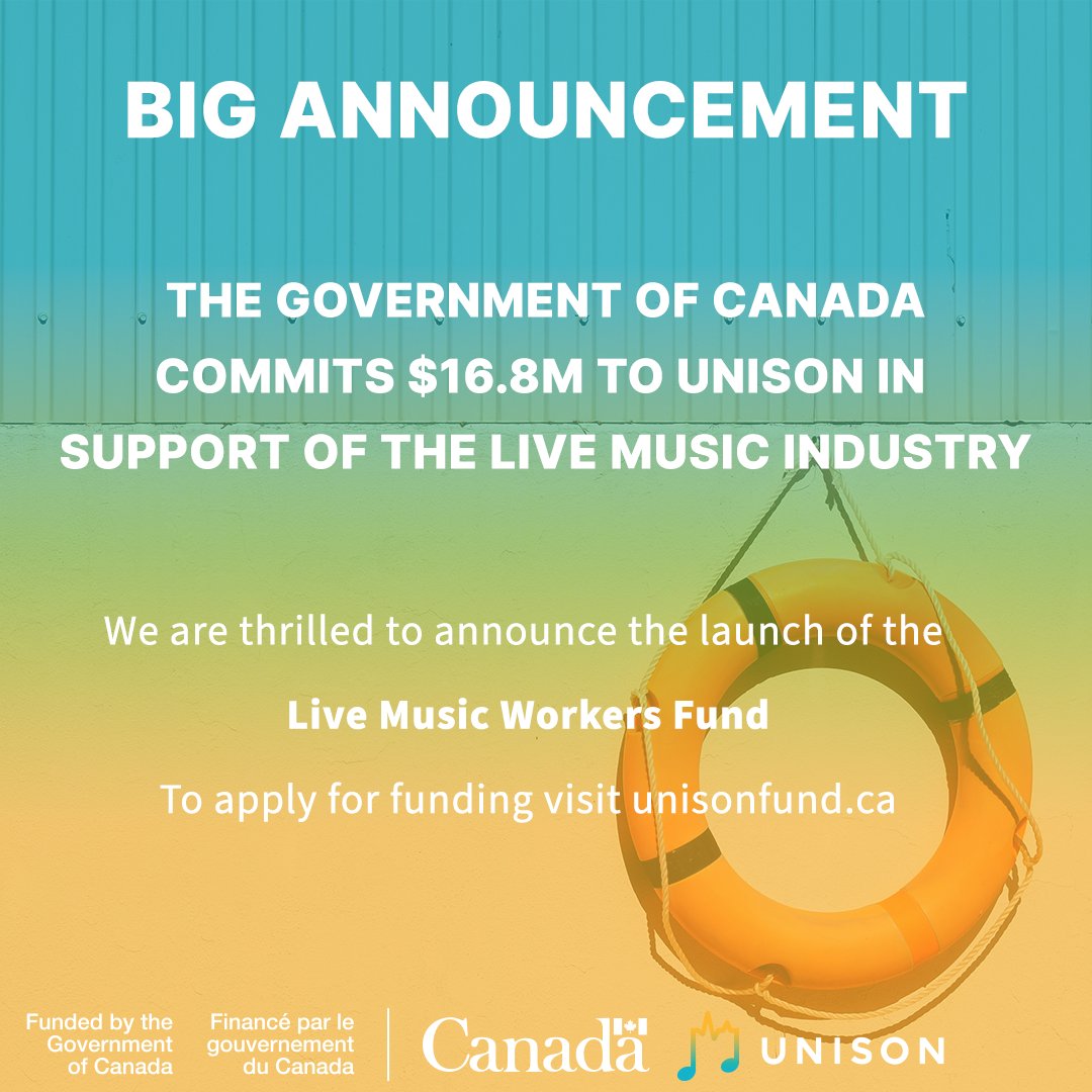 UnisonFund's tweet photo. Today we officially launch our new funding stream the Live Music Workers Fund. Thanks to @CdnHeritage for committing to help support the reestablishment of the Canadian live music industry. Visit https://t.co/ZsqaELGR6W to apply now for a one-time payment of $2500. #LiveInUnison https://t.co/TI1xAPKh4O