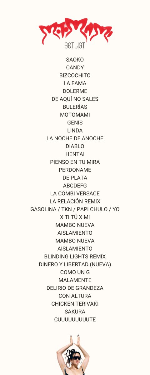 Ya conocemos el SETLIST del #MOTOMAMITOUR de @rosalia 👀