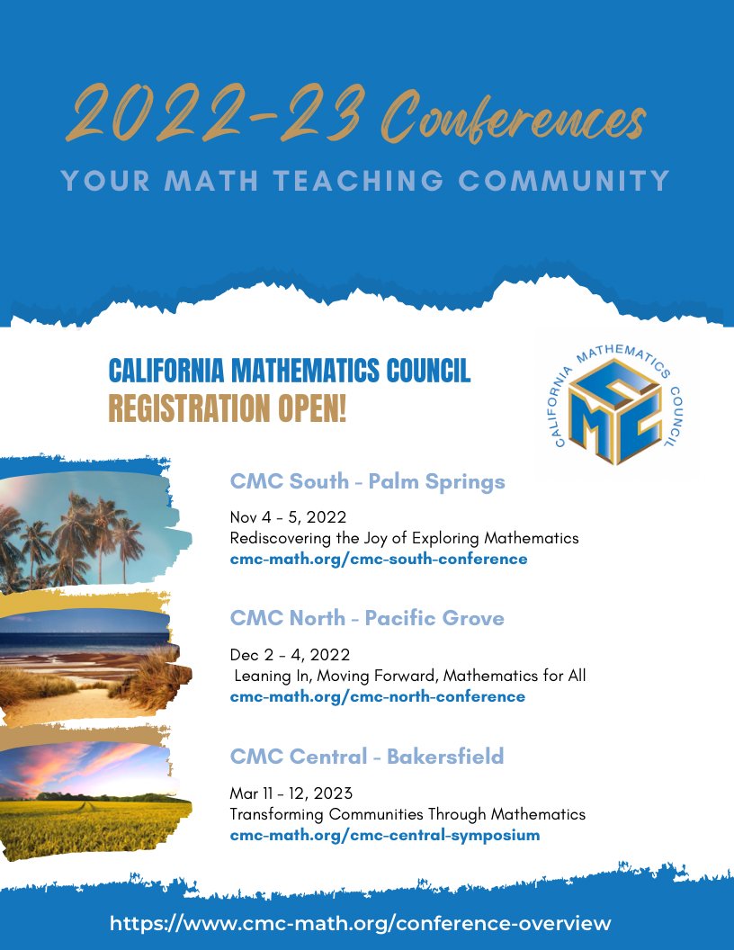 Calling all math educators, registration for all three CMC section conferences is open. Plan ahead for the new school year. We hope to see you there! cmc-math.org/conference-ove…
#cmcmath #ITeachMath #MTBoS