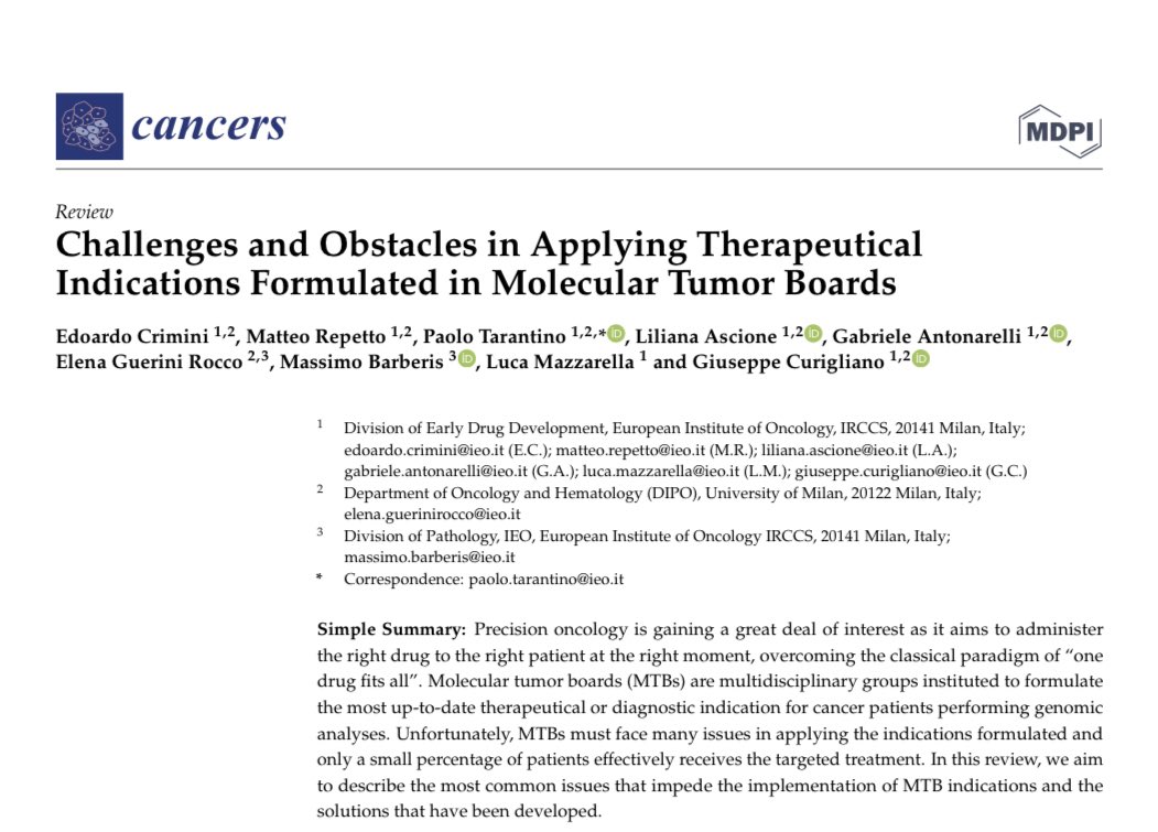 PTarantinoMD's tweet photo. MTBs help translating the complexity of cancer genomics into therapeutic indications. They are only useful, however, if the indication leads to the administration of a treatment. In this review led by @CriminiMd we discuss the challenges of this process.
https://t.co/lBEDwRA2pD https://t.co/v9GtSvXzZu