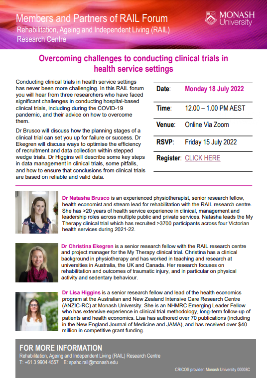 RAILMonash's tweet photo. Register here for out next free, online forum Monday 18th July 12-1pm AEST on "Overcoming clinical trial challenges in health service settings" with presenters: @BruscoTarsh @CLEkegren @iculisah https://t.co/VmPoi4Mbor All are welcome! @SPAHCMonash @Monash_SPHPM @Monash_FMNHS https://t.co/ZZium3yNTa
