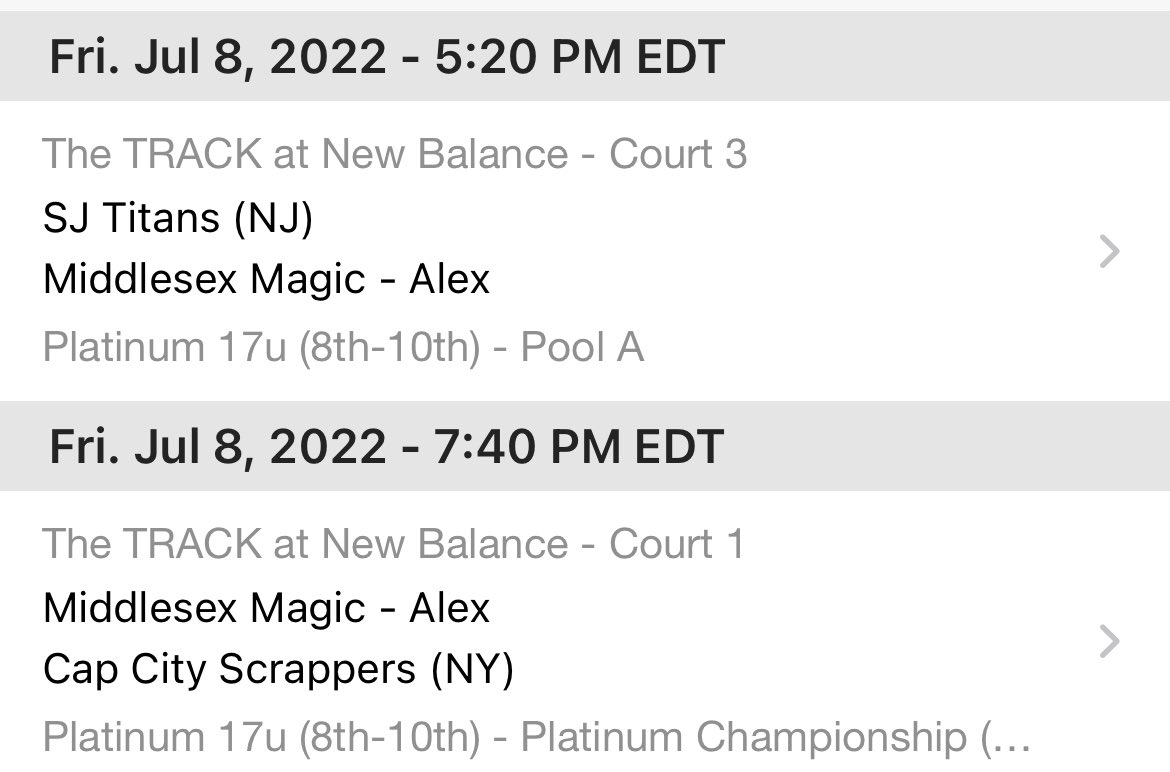 Alex Giangregorio (@coachalex_g) on Twitter photo July is here! <a href="/MiddlesexMagic/">Middlesex Magic</a> Alex 2023 will be playing all games at the Track at New Balance. Full roster of recruitable players!
7/6
4:10pm- Boys 2 Men
7/7
1:50pm- NJ Bulldogs
5:20pm- West Coast Elite
7/8
5:20pm- SJ Titans
7:40pm- CapCity Scrappers July is here! <a href="/MiddlesexMagic/">Middlesex Magic</a> Alex 2023 will be playing all games at the Track at New Balance. Full roster of recruitable players!
7/6
4:10pm- Boys 2 Men
7/7
1:50pm- NJ Bulldogs
5:20pm- West Coast Elite
7/8
5:20pm- SJ Titans
7:40pm- CapCity Scrappers