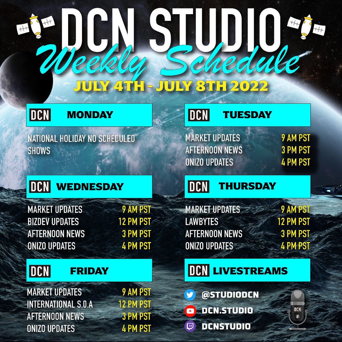 JosephR16914602's tweet photo. DCN Studios Schedule this week.  Who else works this hard for your Crypto investments. Incredible keep it up team. 👍❤️🙏 https://t.co/zY7ci8CmTC