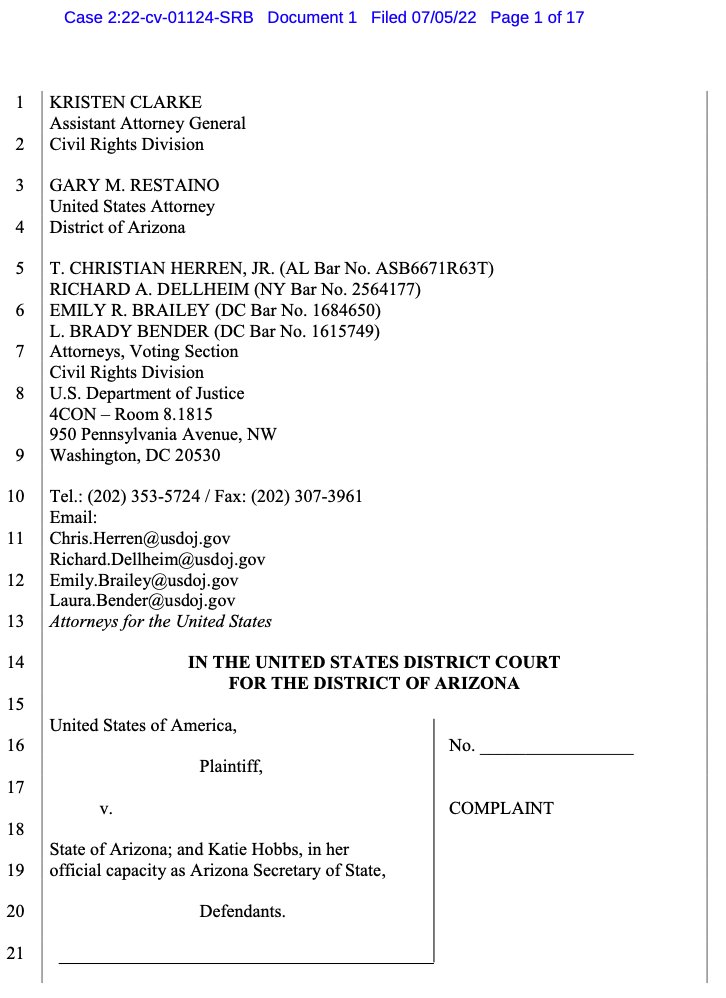 mrddmia's tweet photo. The Biden Justice Department just sued Arizona over a new state law requiring voters to prove they're citizens.

Attorney Emily R Brailey signed the DOJ's complaint, where she started 9 months ago.

She previously worked as a Democrat election attorney, including for @marceelias. https://t.co/k9IyLbR0S4