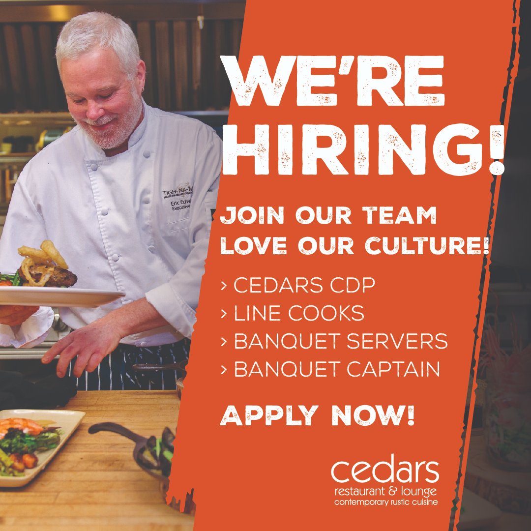We're hiring! Join our fantastic team. For all our resort career openings visit tigh-na-mara/careers and apply today! #hiring #parksvillebc #tighnamara #cedarsrestaurant #vancouverisland #culinaryjobs #linecook