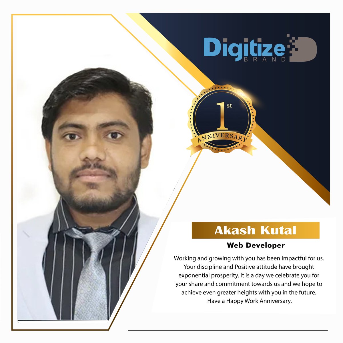 digitizebrand's tweet photo. Congratulations Akash Kutal on achieving your 1st #anniversary with us!
We wish you a very Happy Work Anniversary! 💐 💐 💐
#workanniversary #thankyou #celebration #employee #successfulyears #journey #employeeappreciation #hardwork #dedication #success #oneyear #workmilestone https://t.co/J39SCFEDnT