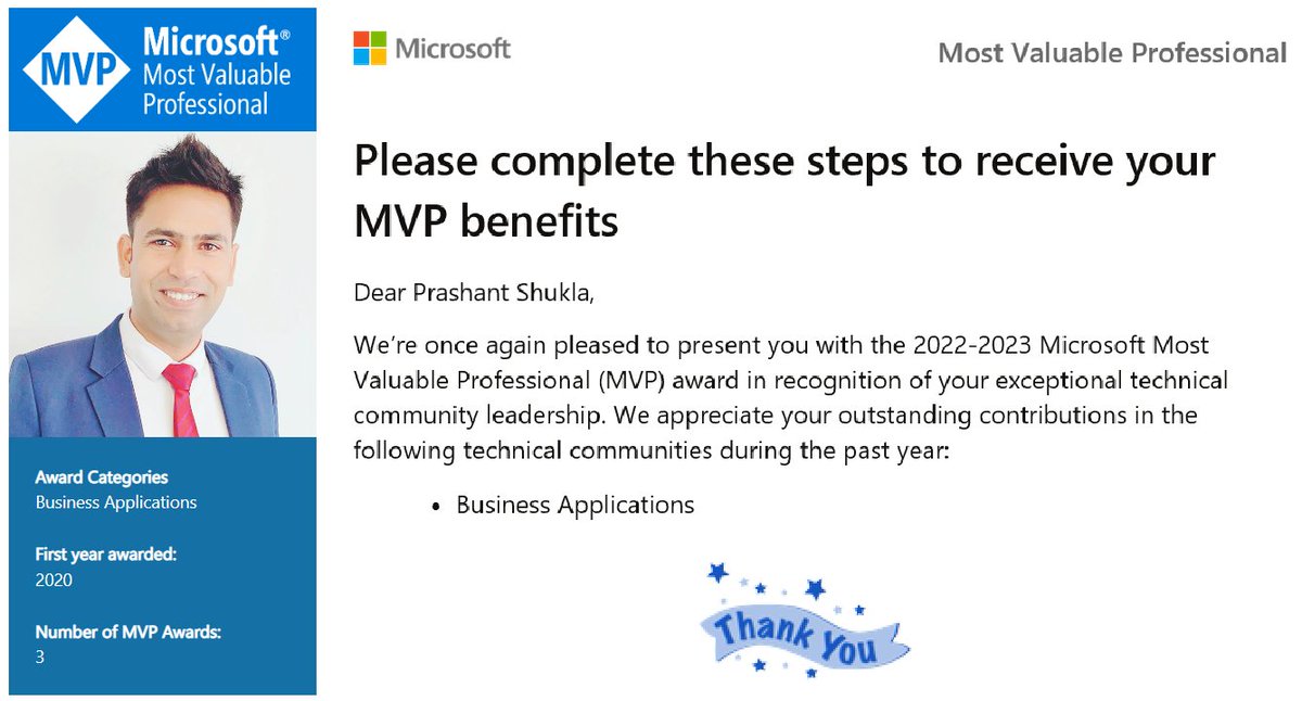 Honoured and humbled to get the Microsoft 𝐌𝐕𝐏 award 3 times in a row. Just want to say a 𝐡𝐮𝐠𝐞 𝐭𝐡𝐚𝐧𝐤𝐬 𝐭𝐨 𝐚𝐥𝐥 𝐜𝐨𝐦𝐦𝐮𝐧𝐢𝐭𝐲 𝐦𝐞𝐦𝐛𝐞𝐫𝐬, 𝐬𝐮𝐩𝐩𝐨𝐫𝐭𝐞𝐫𝐬 and Microsoft. 
#dynamics365 #msdyn365 #mvpbuzz #powerplatform #microsoft #leadership #community