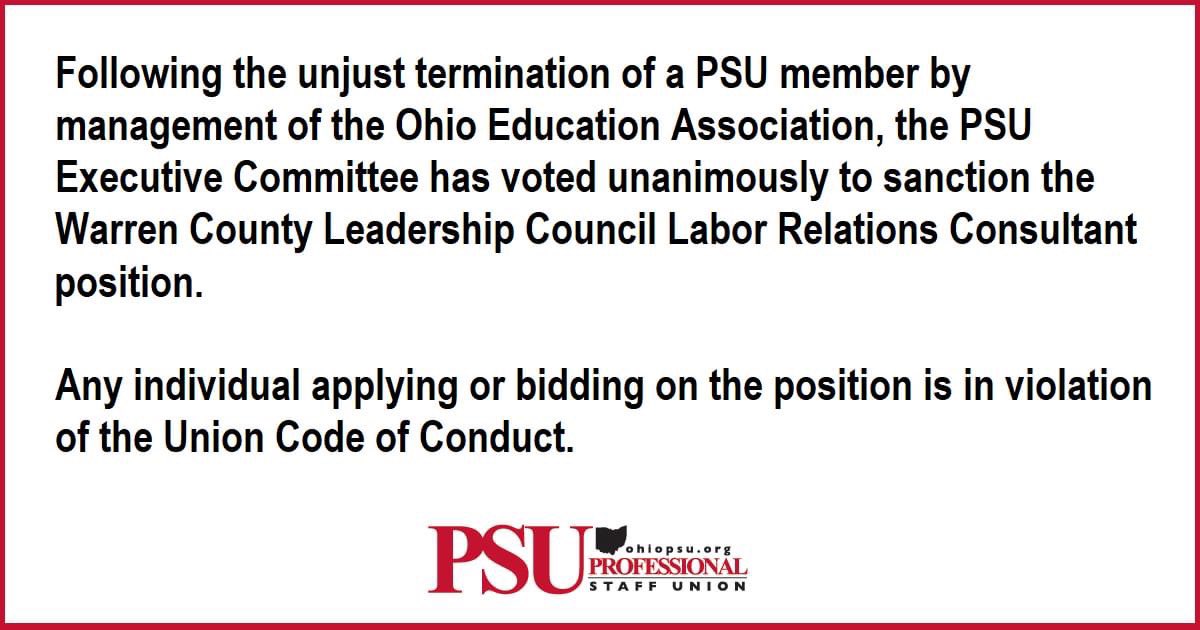 We are #NSOUnited in standing with our Ohio Professional Staff Union colleagues in the sanction of the Ohio Education Association.  Please share with your fellow members and send an #NSOStrong message that these types of actions by management will not be tolerated.