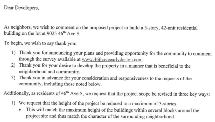 HearingSeattle's tweet photo. The letter nearby residents signed that was sent to the developer has been uploaded. https://t.co/GXrf2Zzu06