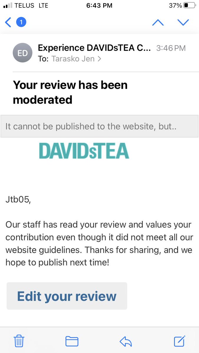 JenLea518's tweet photo. @DAVIDsTEA Interesting that you ask for a review, but you moderate them and determine which ones are made public. No reason was given for the cancellation, and no offer to ship when it came in was made. https://t.co/0teRKhYpxl