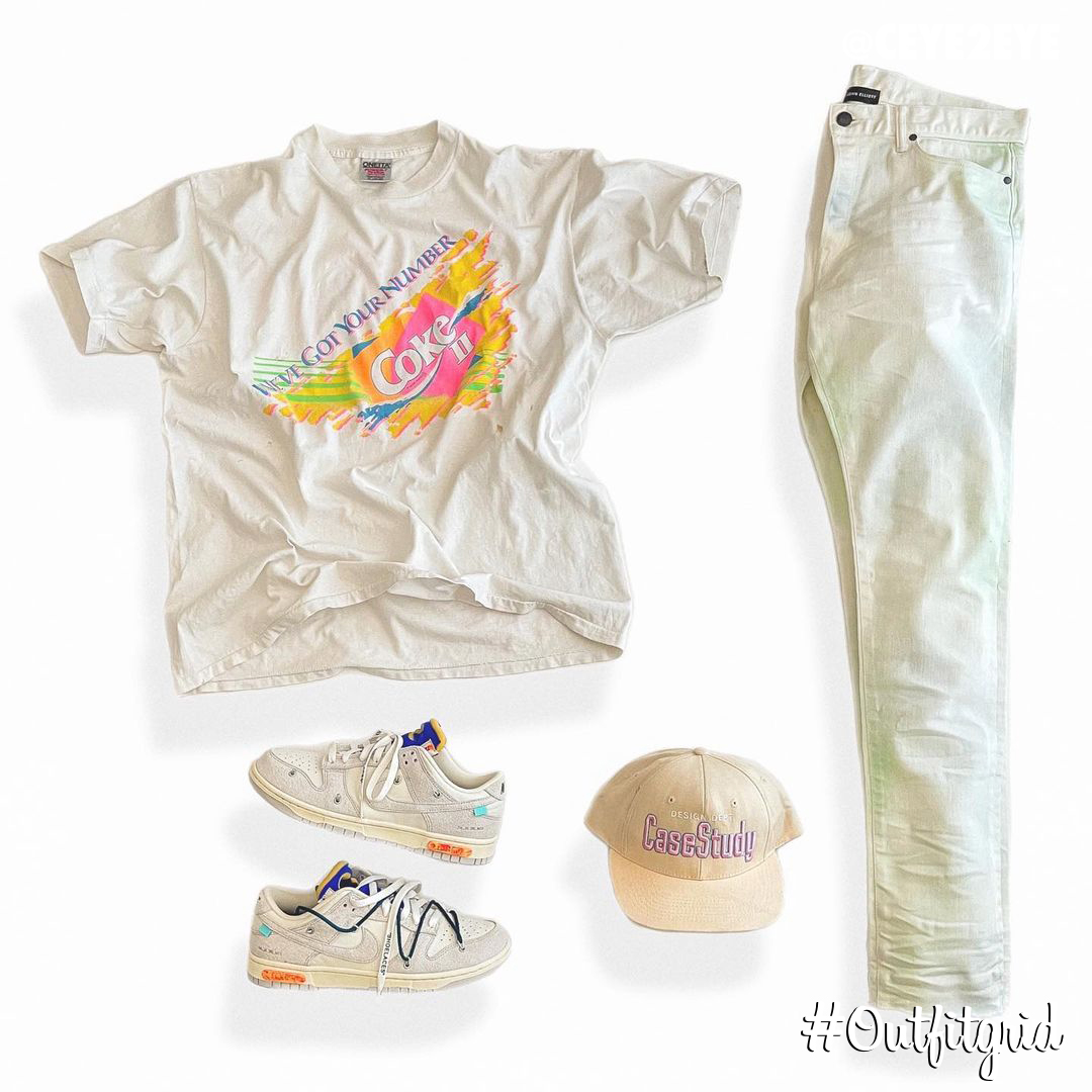 outfitgrid's tweet photo. Today's top #outfitgrid is by @ceye2eye.
▫️ #JohnElliottCo #Denim
▫️ #Nike x #OffWhite #Dunks
▫️ #TheCaseStudyGroup #Cap
▫️ #Vintage #CokeII #Tee https://t.co/uB1lrBwF03
