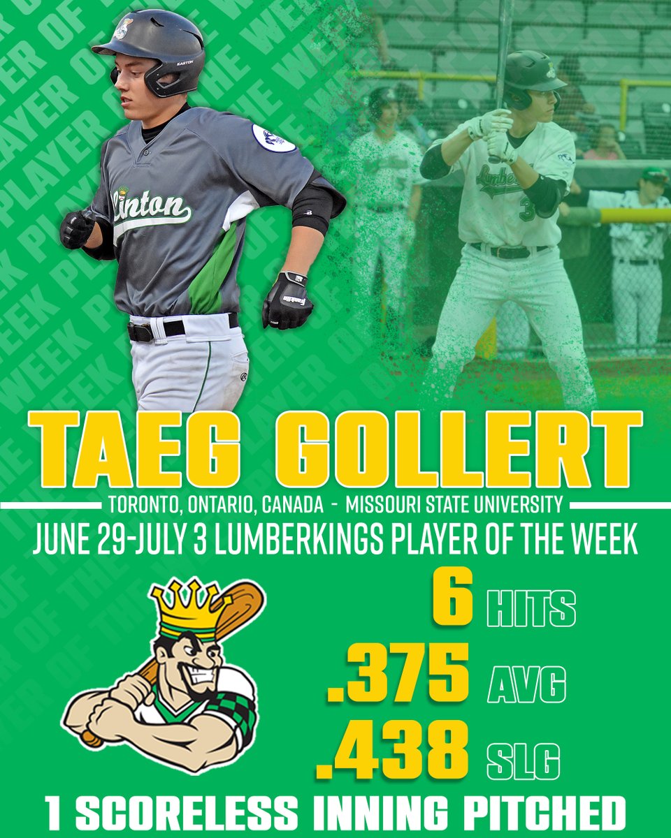 With a quick break in the action - Congratulations to future @MSUBearBaseball freshman Taeg Gollert on being named the June 29th -July 3rd LumberKings Player of the Week!!