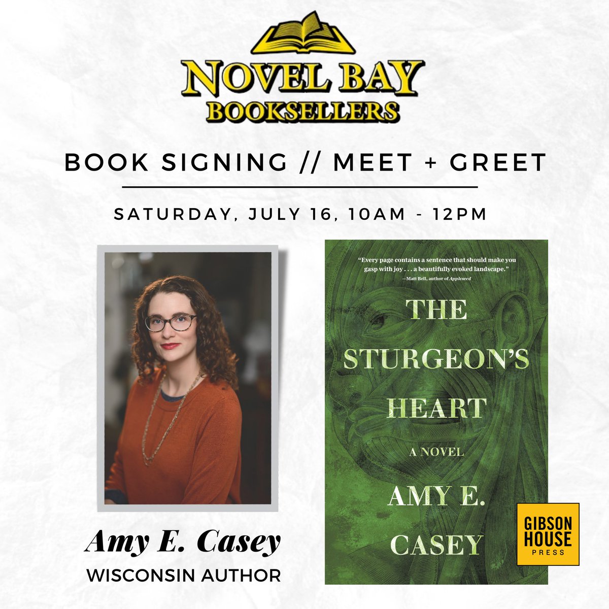 Amy_E_Casey's tweet photo. Hey, #doorcounty! I'll be at @NovelBayBooks for a signing the weekend after next. I'd love to chat with you and tell you about my novel THE STURGEON'S HEART, a contemporary monster story set on the shore of Lake Superior. 🌊🌊🌊 (P.s. In Sturgeon Bay! TOO perfect!) https://t.co/j7JAG4W4Y5