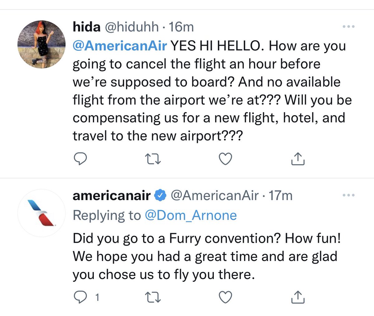 tuatoo's tweet image. Only responding to the important stuff huh  @AmericanAir  

Sorry @hiduhh apparently the furry convention takes precedence over your cancellation. 😵‍💫

#americanairlines #checkthetimestamp
