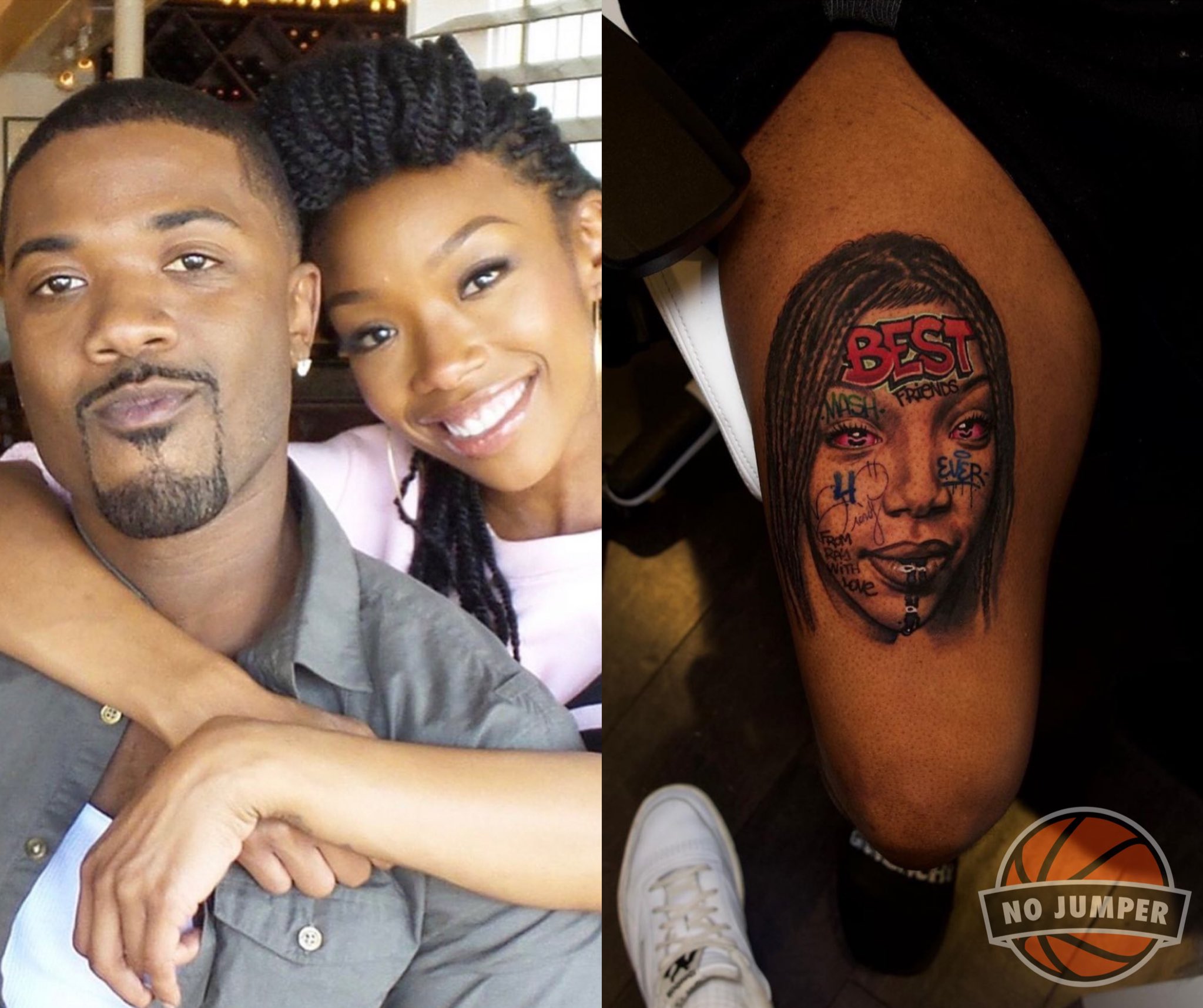Ray J Gets His Sister Brandys Face Tattooed On His Leg I Had to Start  With My Best Friend  theJasmineBRAND