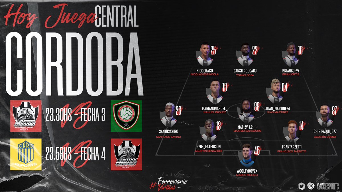 COMIENZO DE LA SEMANA!!!

El ferroviario arranca la semana, los 11 que van a disputar la doble fecha por liga contra @SanJorgeESP y <a href="/CARCeSports/">Rosario Central esports</a>

VENI ALENTAR AL FERROVIARIO 🚂