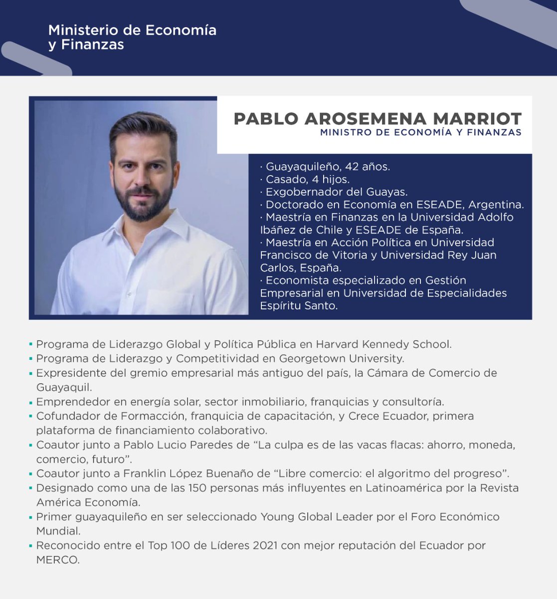 Al borde rotación Fértil Comunicación Ecuador 🇪🇨 on Twitter: "Conoce el perfil de Pablo Arosemena  Marriot, @parosemena, nuevo ministro de @FinanzasEc. ⤵️ Manejamos  adecuadamente las finanzas públicas y destinamos los recursos necesarios  para el bienestar de