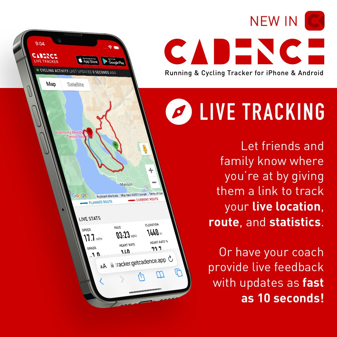 GetCadenceApp's tweet image. Just released in version 1.6, Live Tracking allows you to share your live location, route, and statistics with friends, family, or coach!

#cycling #cyclinglife #cyclist #running #run  #runner