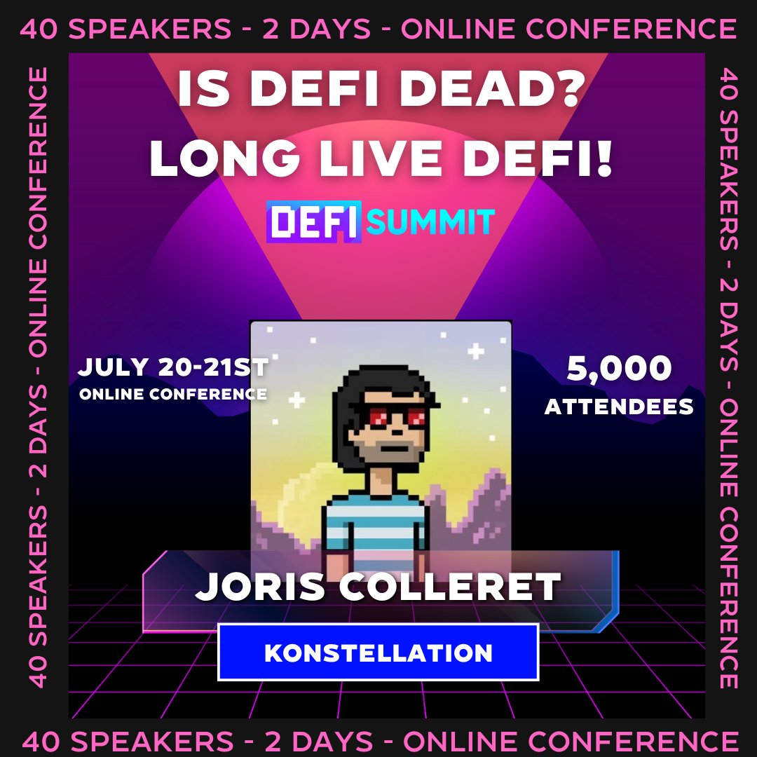 We are excited to have @colleretjoris of 
<a href="/KNSTL_TECH/">Konstellation Labs</a> join us as a speaker!

Konstellation is a blockchain protocol,built on Cosmos SDK creating a global infrastructure for the future of the decentralized capital markets

Join us for DeFi Summit July 20-21
Defisummit.com