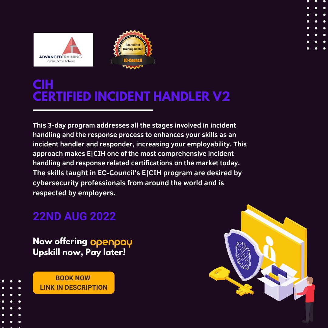 advancedtrainin's tweet photo. We have 4 EC-Council Certified #Cybersecurity courses scheduled in Aug 2022. Explore more &amp; book your spot in the links below:
➡️CCSE: https://t.co/cDUt25Zilo
➡️CEHv11: https://t.co/XV8w4hxbcx 
➡️ CSCU: https://t.co/3YTDiU40am
➡️ CIHv2: https://t.co/OlgFdCfFNd

#cybersecurityjobs https://t.co/O1BDL2U5mN