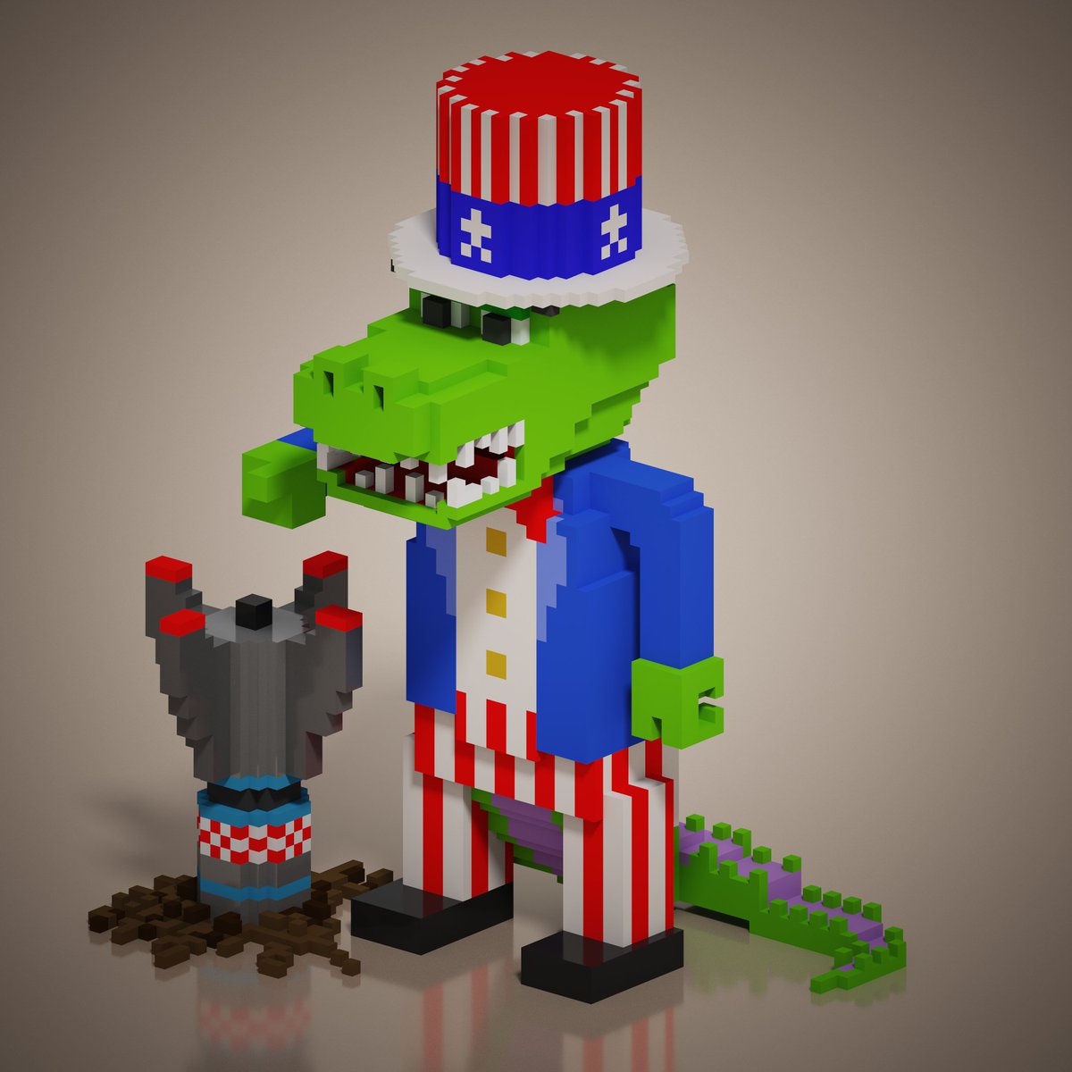 HotApe2022's tweet photo. Uncle Croc with a Bomb listed on @objktcom 
1/1 NFT art. go grab it guys!
https://t.co/O65jx4cpP8
#NFT #NFTCommunity #NFTProject #tezos #Tez #tezosart #CleanNFT #CleanNFTs #objktnft #art #3dart #3D #voxelart #crocs https://t.co/gOgLbTw2uZ