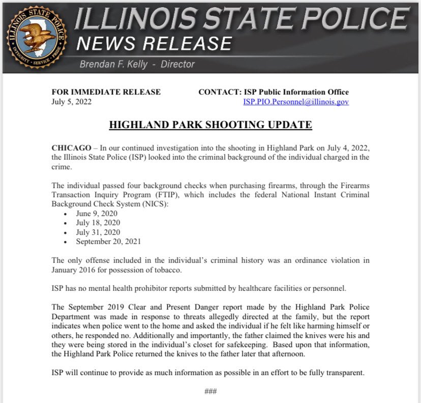 JordanAbudayyeh's tweet photo. Details from IL State Police regarding the Highland Park mass shooting. https://t.co/LJoXj6iSAp