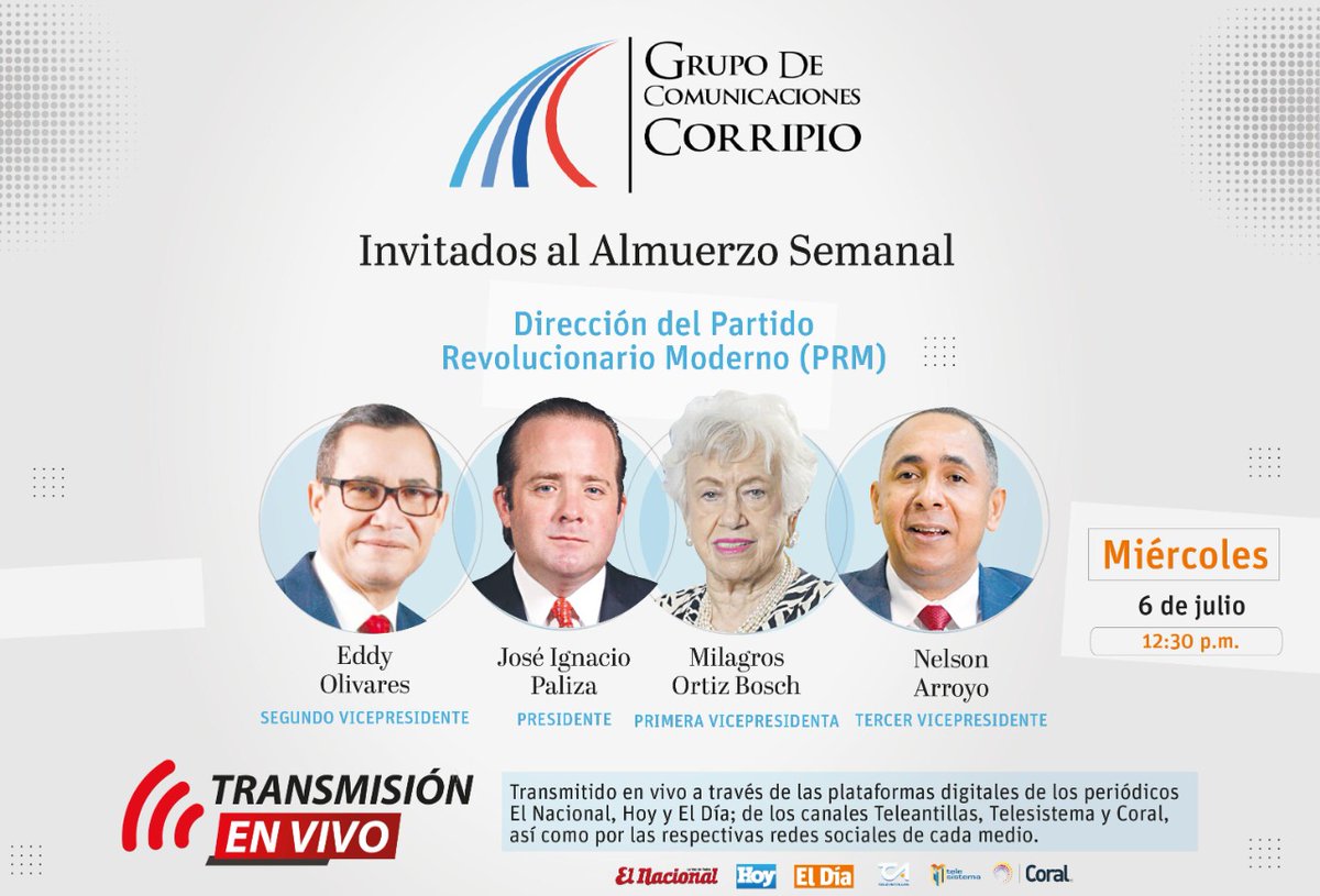 ElDia_do's tweet image. Este miércoles en el almuerzo semanal del Grupo de Comunicaciones Corripio nos visita la dirección del Partido Revolucionario Moderno.

No te pierdas la transmisión en vivo a través de nuestras plataformas digitales a las 12:30 p.m.
