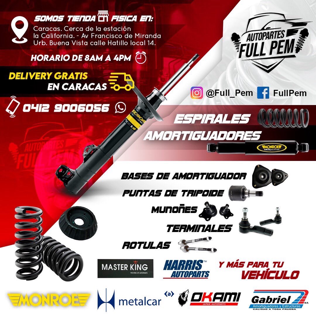 Full_Pem's tweet photo. Autopartes @full_pem Somos Venta de repuestos 🚗 . Tienda 🏬 física en Caracas. Delivery Gratis 🛵…

📲0412 9006056📱

♦️TREN DELANTERO 
♦️CLUCHT 
♦️KIT DE TIEMPO
♦️GOMAS 
♦️MANGUERAS 
♦️CORREAS 
♦️BASES DE MOTOR Y CAJA 
♦️GOMAS DE TRIPOIDE 
♦️BOBINAS 
♦️BOMBA DE AGUA Y + … https://t.co/jLVxviz15D