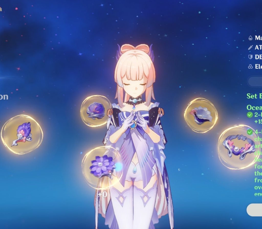 DAILYKOKOMII's tweet photo. i love how hoyoverse decided that kokomi's design was so beautiful that they gave her her own island &amp; artifact set to match https://t.co/UgTSUniv34