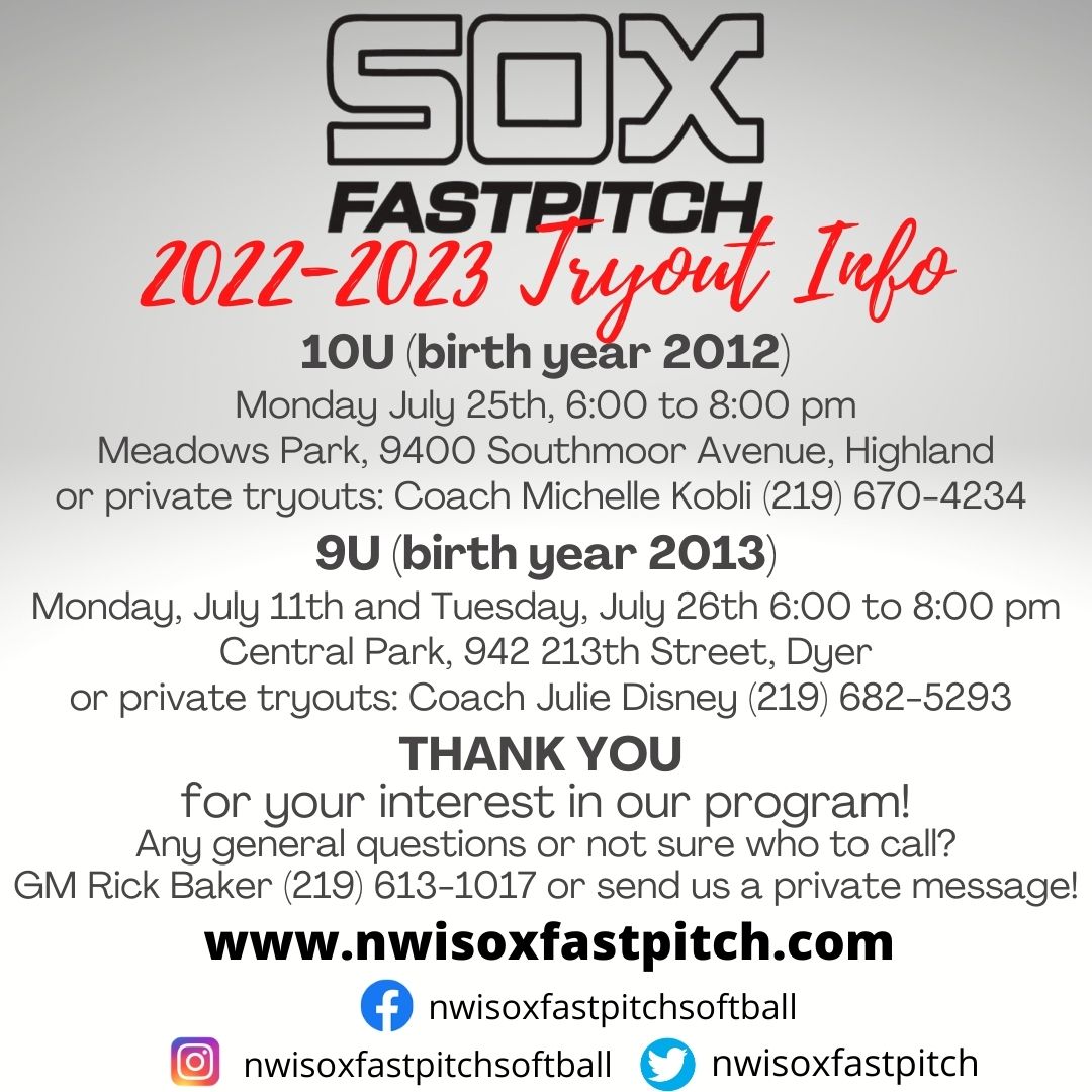 nwisoxfastpitch's tweet photo. SOX Fastpitch is pleased to share our plans for our 2022-2023 season with the announcement of our upcoming TRYOUT DATES!
To pre-register for tryouts, please use the following link:
https://t.co/n9FzSzUIDU
Thank you for your interest in SOX Fastpitch! https://t.co/gBpQ4z5bBB