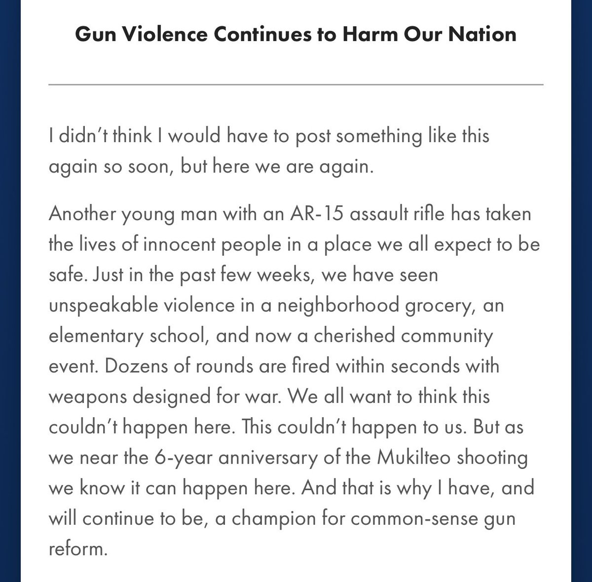 Another tragic event happened over the long weekend, this should not be news we hear on a weekly basis. Washington has been a pioneer in gun reform, and I will continue working towards legislation to protect our communities in the 21st.

Read more here:
votestrom.com/priorities/