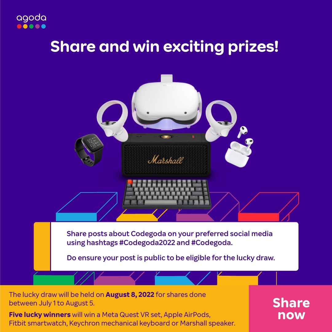 lifeatagoda's tweet photo. Share #Codegoda and win these exciting gadgets! 🙌
Not a coder? No problem. Simply share Codegoda-related posts on your social media using #Codegoda2022 and #Codegoda to enter the lucky draw.
See terms and condition: https://t.co/JMtedQev2c
#agoda #codingcompetition https://t.co/5lxC3QoEEa