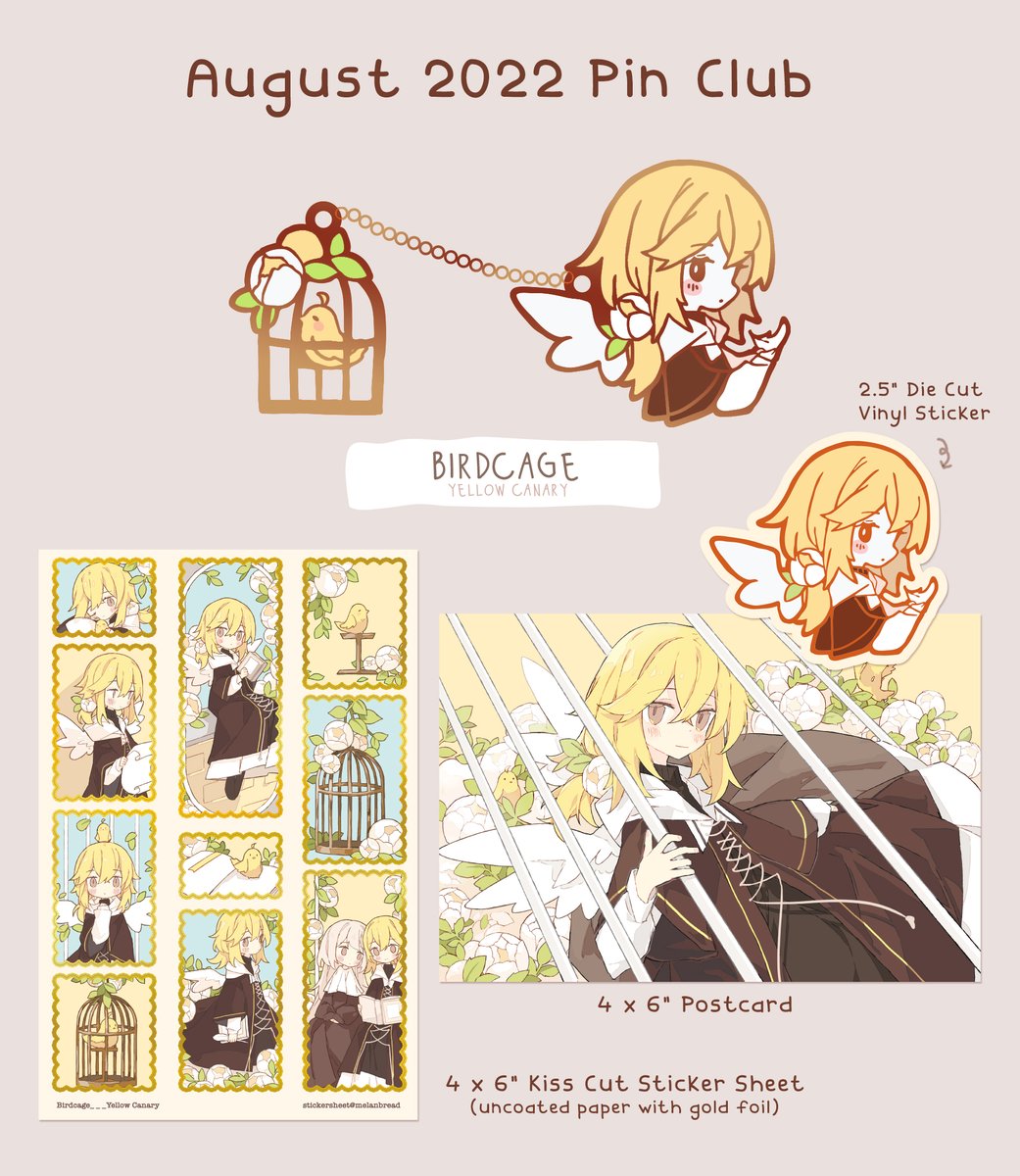 August's Patreon theme is "Birdcage - Yellow" featuring White Dove's friend who loves to write stories. 
This month's merch will be a special pin set, postcard, sticker sheet w/ gold foil accents, and vinyl sticker. Pledge during the month of August to get these shipped.⁣⁣ 