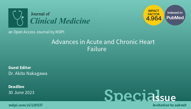 #mdpijcm #HeartFailure 
📢The Special Issue "Advances in Acute and Chronic Heart Failure" is open for submissions.

📆Submission deadline:  30 June 2023

Read more at: mdpi.com/journal/jcm/sp…