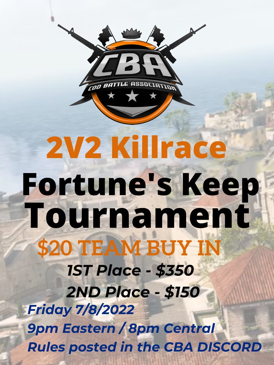 CBAGoingCrazy's tweet photo. 🚨 Fortune's Keep duo's killrace 🚨
 
📌 20 team max
📌 Randomized-bracket style
📌 Best 2 of 3 advances to next round
📌 1 point per kill
📌 Join discord to register! https://t.co/70XAzTZo3n