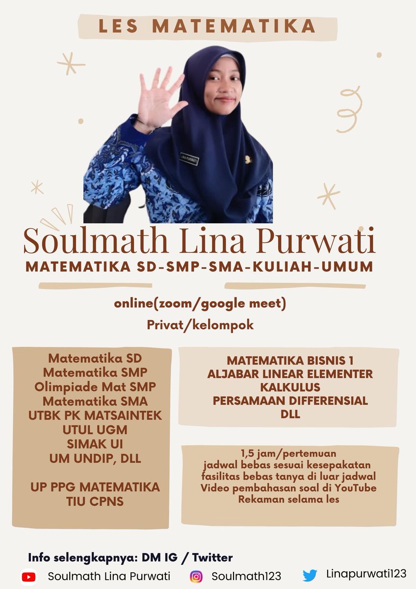 Lina Purwati | Les Online Kalkulus, Aljabar, PDB- tweet media