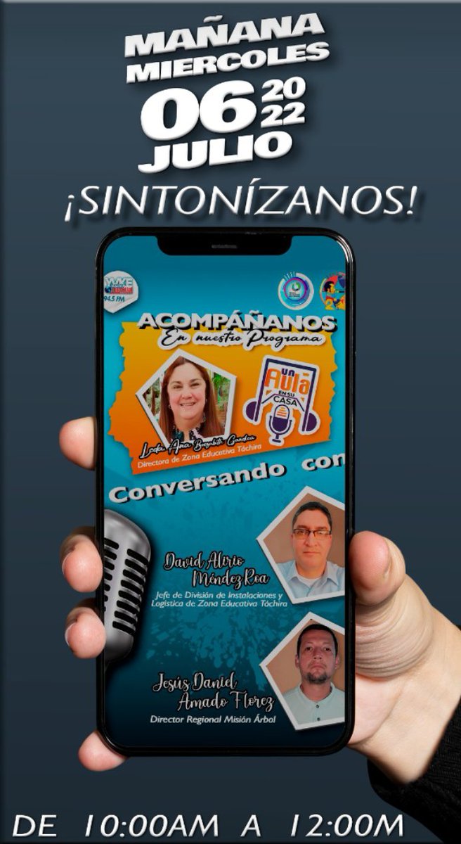 CDCETachira's tweet photo. #UnAulaensuCasa
#6De julio
Programa de radio a cargo de la Directora de Zona Educativa Táchira, Licenciada @Berzabethg1
Este miércoles entre 10 am y 12 del medio día.

@YvkeTachira  94.5 F.M.

Nos escuchamos
🎙📻🎤🎧
@NicolasMaduro 
@MPPEDUCACION 
@FreddyBernal 
@FEDE_TACHIRA https://t.co/cYNBYKj5dD