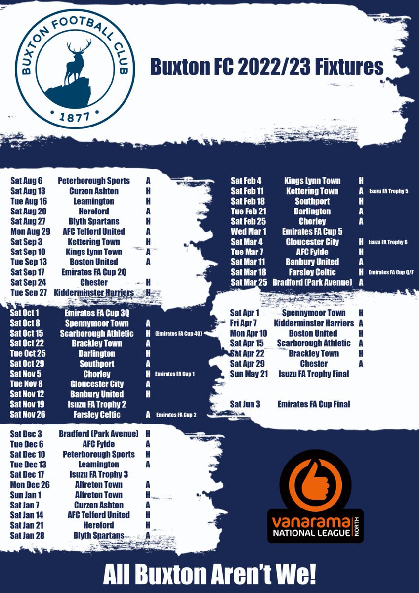 The Bucks 2022/23 Fixture List ⚽️💪🏻

We kick off our <a href="/TheVanaramaNL/">#SurvivedFrank #killrecky</a> North campaign with a trip to @PSLFC 

We then return to the Tarmac Silverlands Stadium to host <a href="/CurzonAshton/">Curzon Ashton</a> on Saturday 13th August

All Buxton Aren’t We 💥👍🏻

#UptheBucks #TeamBuxton