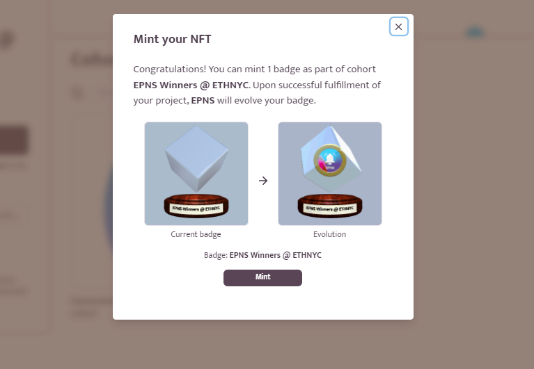 kontourapp's tweet photo. On the cohort page, devs can mint the initial version of the badge NFT. It'll be an empty block on top of the pedestal, but if the project hits milestones, the protocol can choose to evolve it into a full badge, complete with custom spinning token! https://t.co/g3k366xUqu