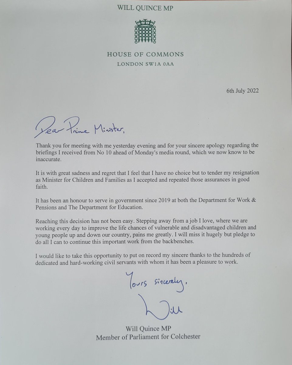 With great sadness and regret, I have this morning tendered my resignation to the Prime Minister after I accepted and repeated assurances on Monday to the media which have now been found to be inaccurate. I wish my successor well - it is the best job in government.