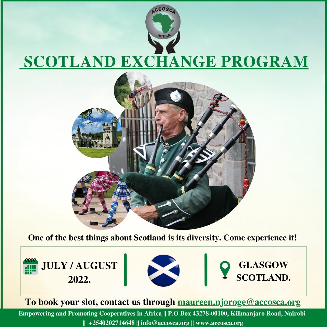 accosca's tweet photo. This July, we visit Glasgow in Scotland to learn more about the Scottish Cooperative Movement; its rich history of impact and diversity. Don't be left behind! To register, contact us through maureen.njoroge@accosca.org 😊
#PeopleHelpingPeople || https://t.co/2w3jiM4POe https://t.co/eYGT3m4VVi