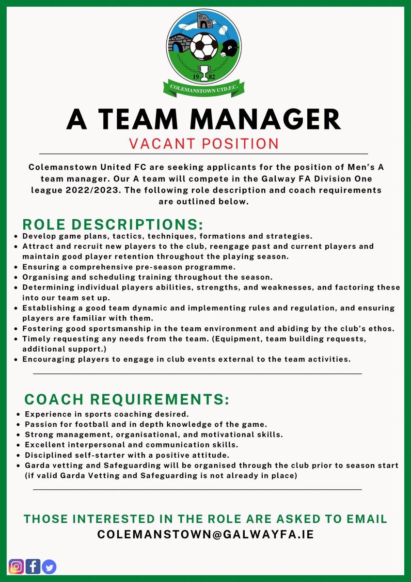 cufc1982's tweet image. ⚽️ ‘𝐀’ 𝐓𝐄𝐀𝐌 𝐌𝐀𝐍𝐀𝐆𝐄𝐑 𝐕𝐀𝐂𝐀𝐍𝐂𝐘 ⚽️

✍️ Deadline for applicants is Monday 11th July ✍️

🟢 Please retweet 🟢

#CUFC1982