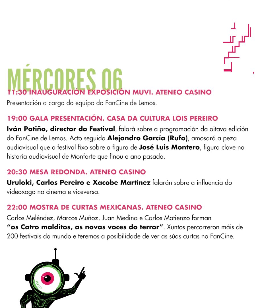 Hoxe despegamos! 🚀Aquí o que nos espera neste primeiro día do #fancindelemos2022 <a href="/MuseoVideoxogo/">Fundación Museo do Videoxogo de Galicia</a> <a href="/ateneocasino/">Ateneo Casino</a> <a href="/MonforteLemos/">Concello de Monforte</a>