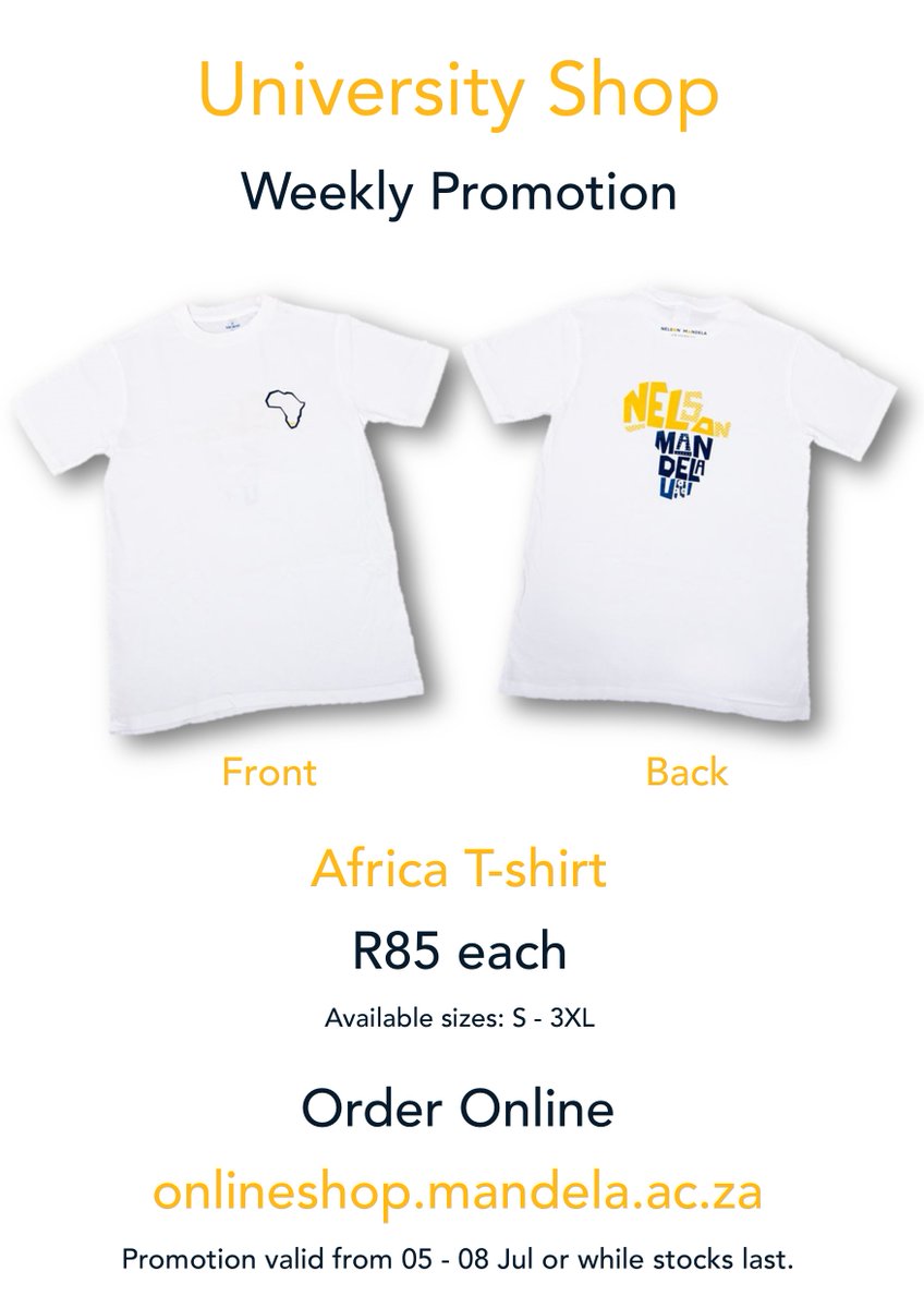 ShopMandelauni's tweet photo. For this week only, get yourself a branded @MandelaUni Africa T-Shirt for R85 each. Available in-store and online or while stocks lasts.
https://t.co/TDDfkiMb3K order now!!!
#universityshop #weeklypromotion https://t.co/lORzfglyVy