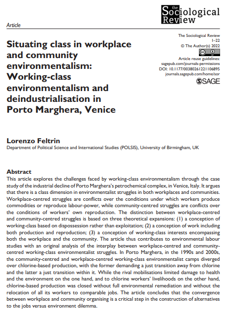 lorenzo_feltrin's tweet photo. Just published. Another story from close to home and a sequel to my work on Marghera in the 60s and 70s. It proposes a framework to analyse the convergences and contradictions between workplace &amp; community working-class environmentalism. It's open access!
https://t.co/M2g00jFLv0 https://t.co/iudVknkBsW
