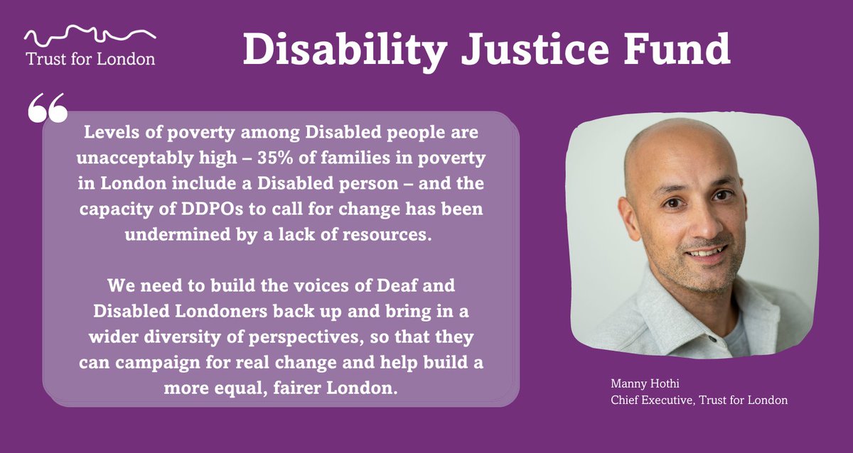 trustforlondon's tweet photo. Together with @CityBridgeTrust we are launching a new £3 million Disability Justice Fund, shaped in partnership with Deaf and Disabled Activists to help build a strong, effective and diverse Disability justice movement in London

Applications are now open: https://t.co/XqQ4H8RTLa https://t.co/K5A8Y55zBl