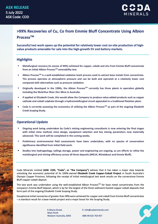 CodaMinerals's tweet photo. ASX Announcement: 99% Recoveries of Cu, Co from Emmie Bluff Concentrate. Read full announcement here https://t.co/UkcsrvJGBS

$COD #CodaMinerals #mining #miningaus #copper #stockmarket #investors #asxmarket #exploration #emmiebluff https://t.co/PalbkaDYev