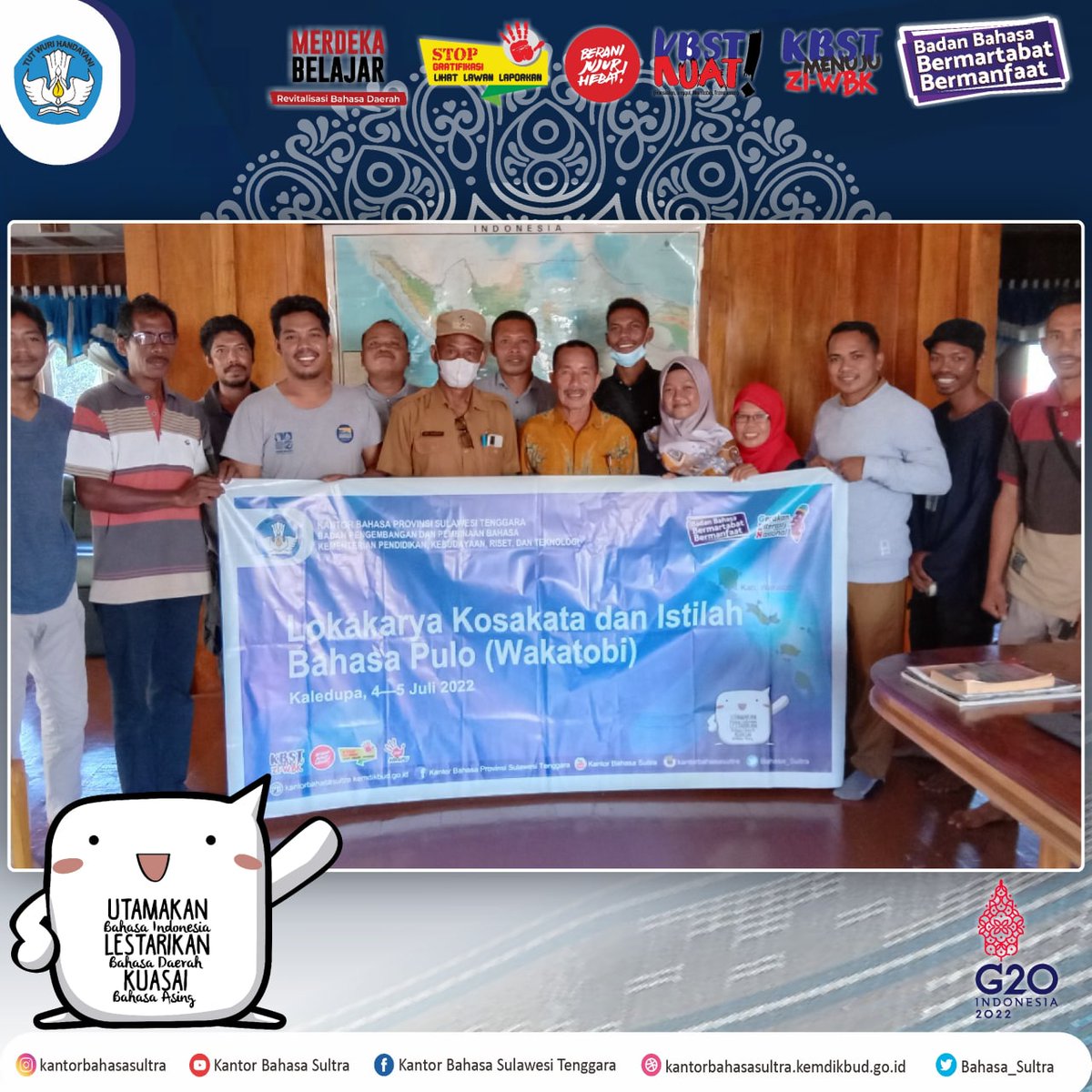 bbsultra's tweet photo. Lokakarya Bahasa Pulo (Wakatobi) di Kaledupa
Wakatobi, 4--5 Juli 2022--Lokakarya yang dilakukan kali ini adalah lokakarya bahasa Pulo (Wakatobi), khususnya dialek Kaledupa. istilah sehari-hari.
Selanjutnya dapat dibaca di https://t.co/yvC0eYcTGS
#KBSTKuat https://t.co/mTeHybAXmn