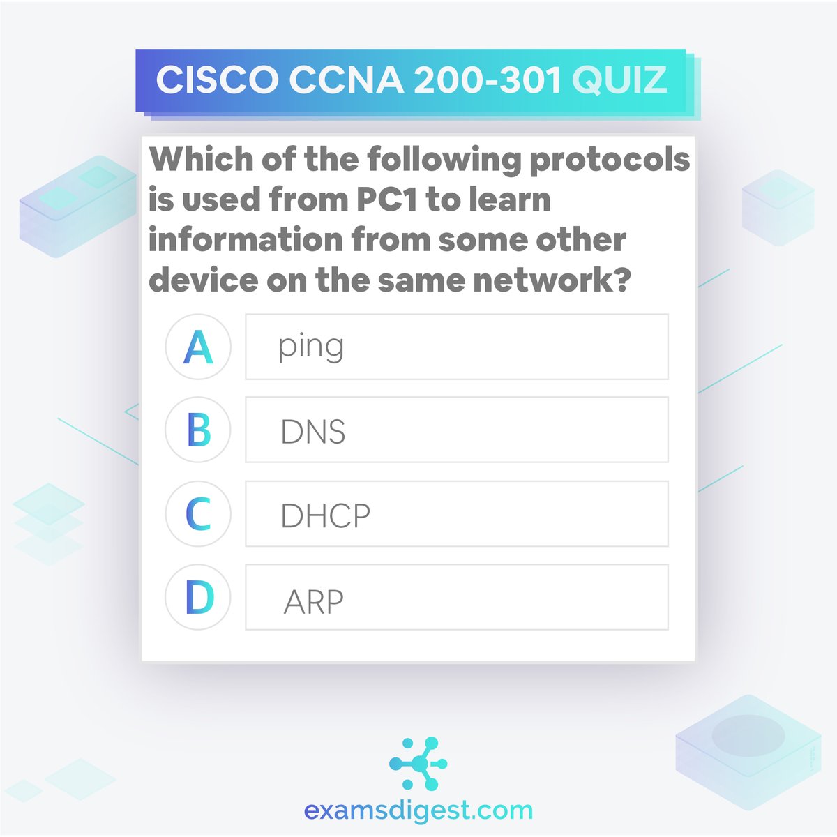ExamsDigest's tweet photo. #CCNAprep: Today's question comes from Cisco CCNA, can you crack it? Let us know how you did in the comment section below!
#Cisco #CiscoCCNA #NetworkEngineer #certification #datacenter https://t.co/r3hfVuOuQ7