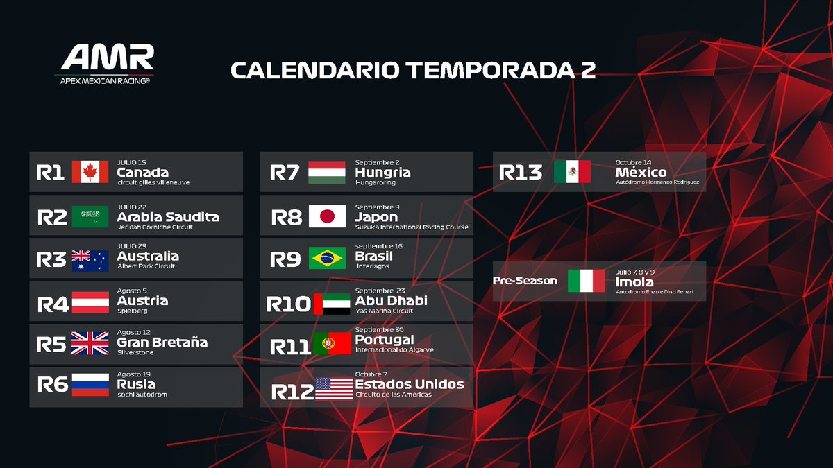 apex_mexican's tweet photo. Calendario para Temporada 2.
Nos vemos en Imola 🇮🇹 este vienes 8, 9, 10 de Julio.
#uptheAMR #GoAMR https://t.co/SwlDgfxM13